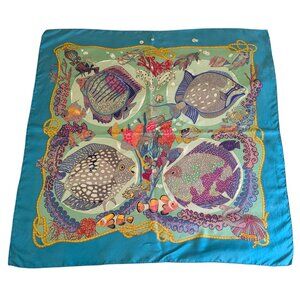 HERMES Vintage Grands Fonds 90 cm Turquoise Blue Green Square Silk Scarf RARE